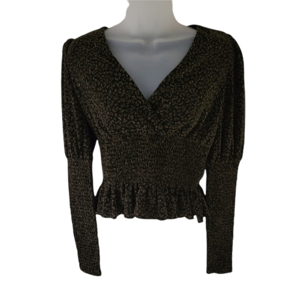 AQUA Black Gold Elastic Shirring Details V neck‎ Cropped Blouse Top XS
